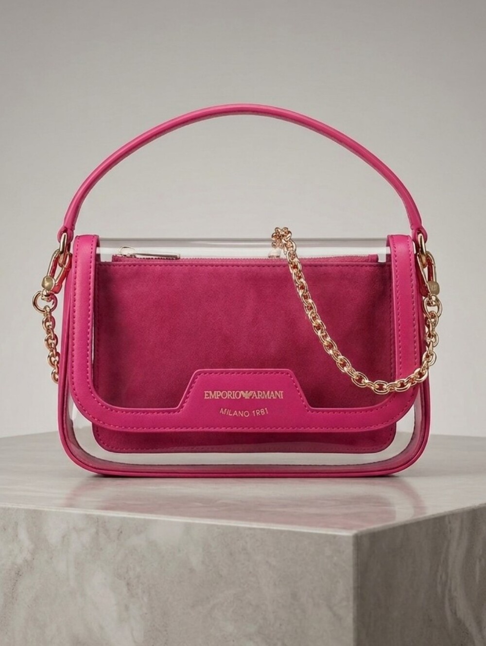 Emporio Armani Pink Clear-Panel Shoulder Bag with Gold Chain